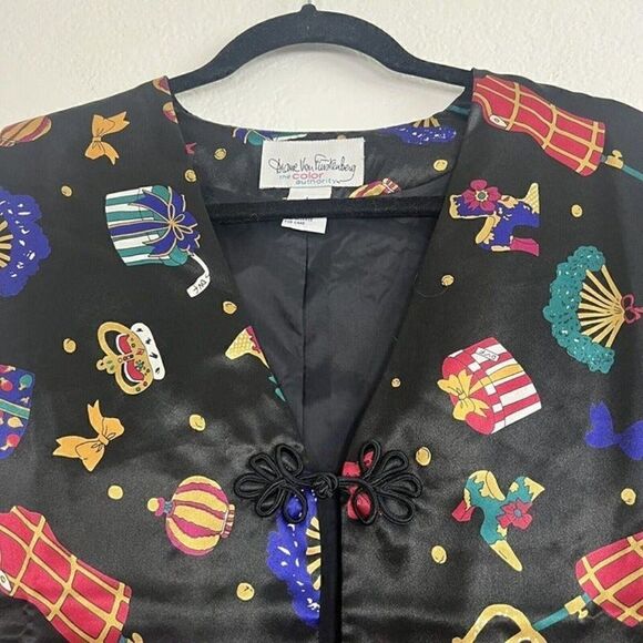 Diane Von Furstenberg The Color Authority Black Camp Funky Satin Vest Womens Lrg - Picture 3 of 8